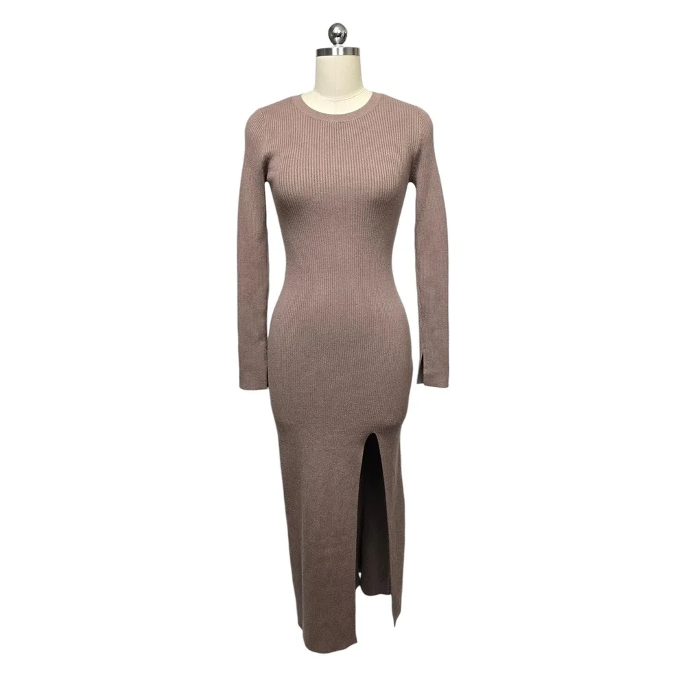 Abercrombie & Fitch Ribbed Knit‎ Maxi Dress Side Slit Soft Taupe Tan Size Small